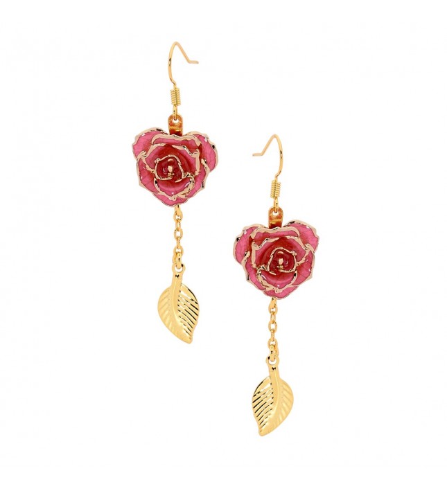 Pink Glazed Rose Earrings in 24K Gold Leaf Style