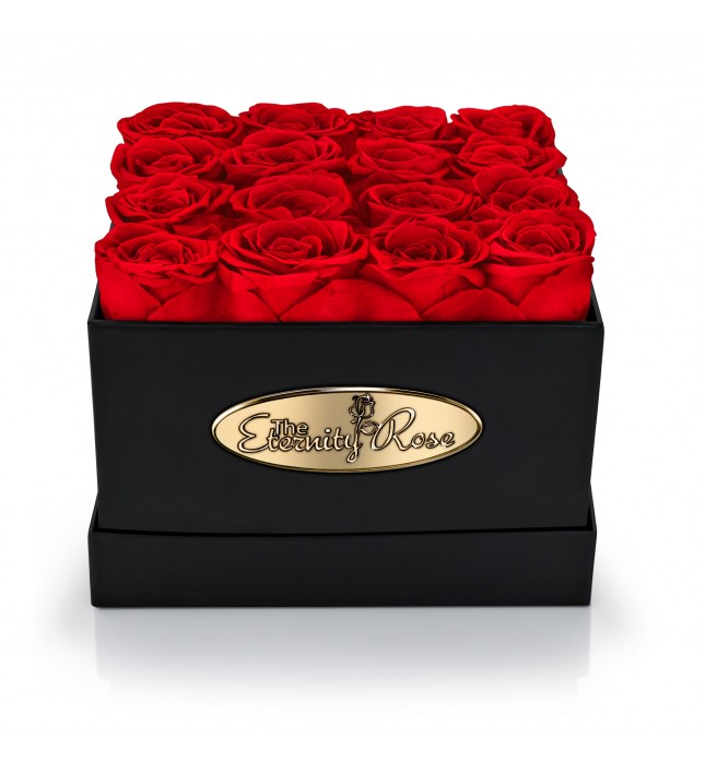 16 Preserved Red Roses. Square Black Display Box 