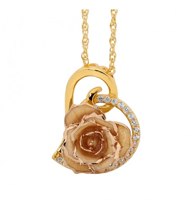 White Glazed Rose Heart Pendant 24K Gold 