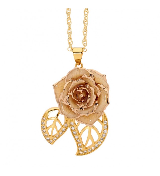 White Glazed Rose Pendant in 24K Gold Leaf Theme