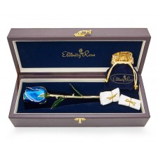 Blue Matched Set in Gold Heart Theme. Tight Bud Rose, Pendant & Earrings