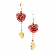 Pink Glazed Rose Earrings in 24K Gold Leaf Style