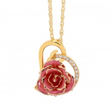 Pink Glazed Rose Heart Pendant 24K Gold 