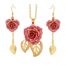 Gold-Dipped Rose & Pink Matched Jewelry Set in Leaf Theme