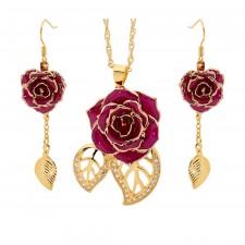 Gold-Dipped Rose & Purple Matched Jewelry Set in Leaf Theme
