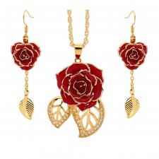 Gold-Dipped Rose & Red Matched Jewelry Set in Leaf Theme
