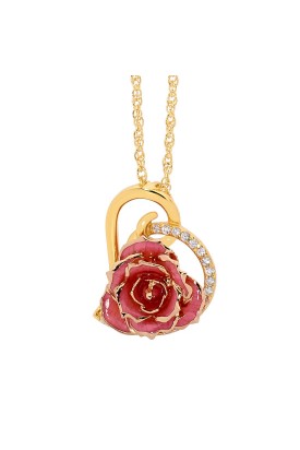 Pink Glazed Rose Heart Pendant 24K Gold 