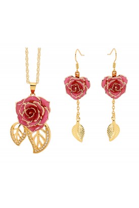 Pink Leaf Theme Pendant and Earring Set