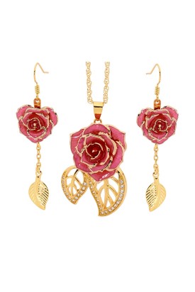 Gold-Dipped Rose & Pink Matched Jewelry Set in Leaf Theme