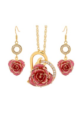 Gold-Dipped Rose & Pink Matched Jewelry Set in Heart Theme
