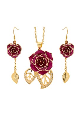 Gold-Dipped Rose & Purple Matched Jewelry Set in Leaf Theme