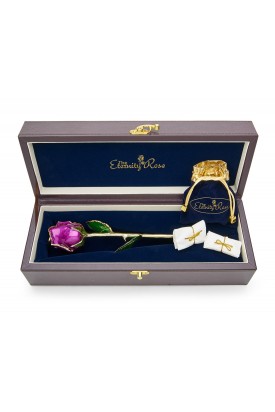 Purple Matched Set in Gold Heart Theme. Tight Bud Rose, Pendant & Earrings