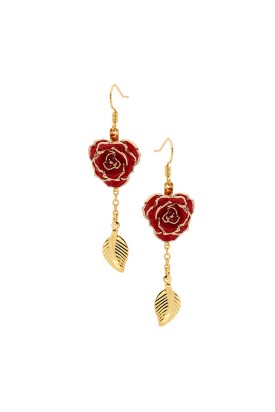 Red Glazed Rose Earrings in 24K Gold Leaf Style
